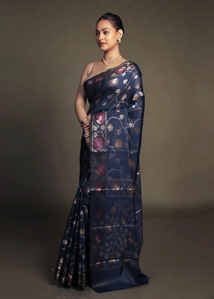 Blue Kora Silk Saree With Blouse Piece - Image 4