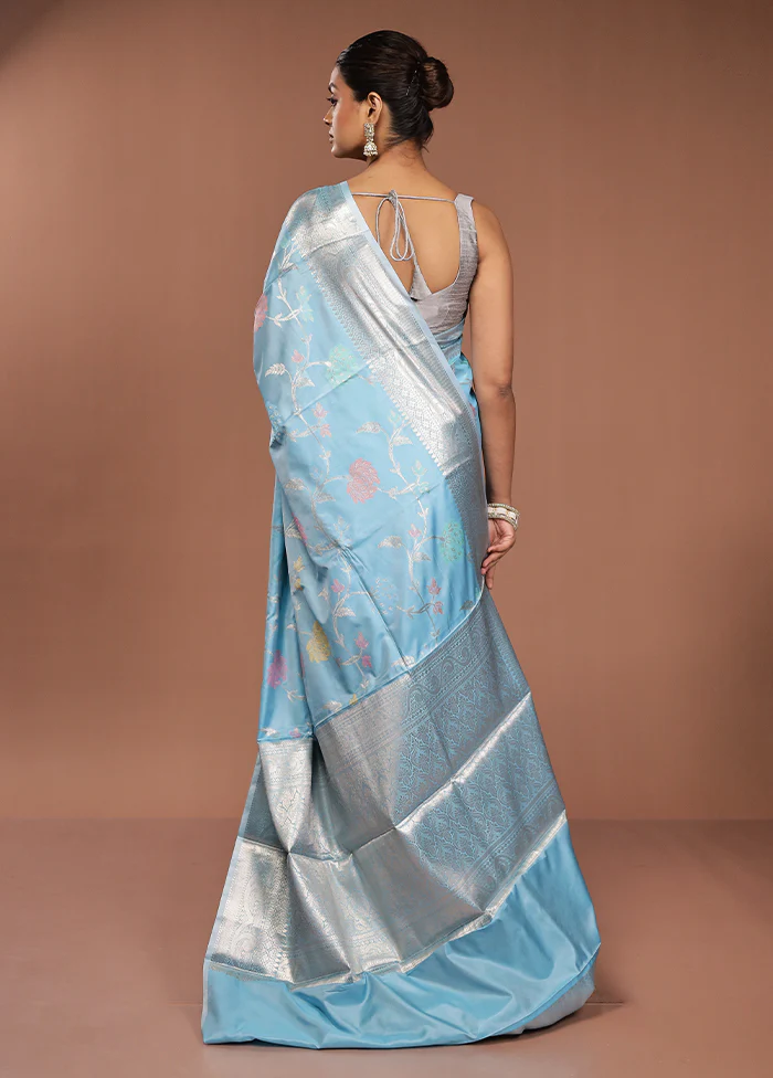 Blue Kora Silk Saree With Blouse Piece - Image 3