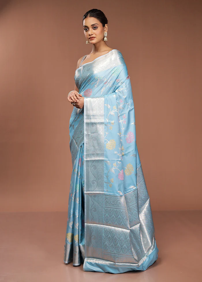 Blue Kora Silk Saree With Blouse Piece - Image 4