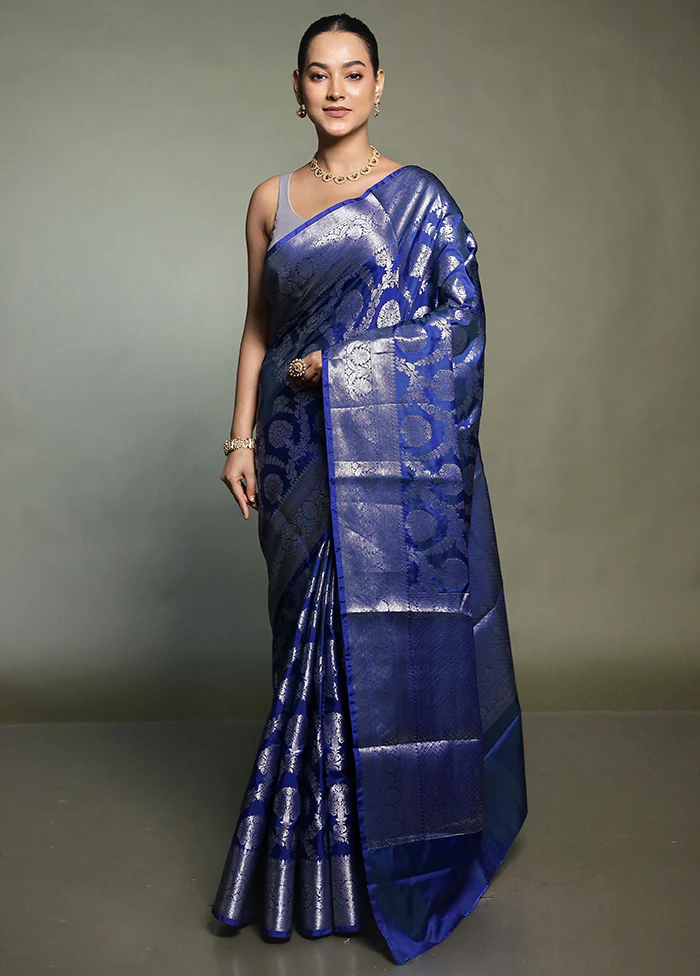 Blue Kora Silk Saree With Blouse Piece