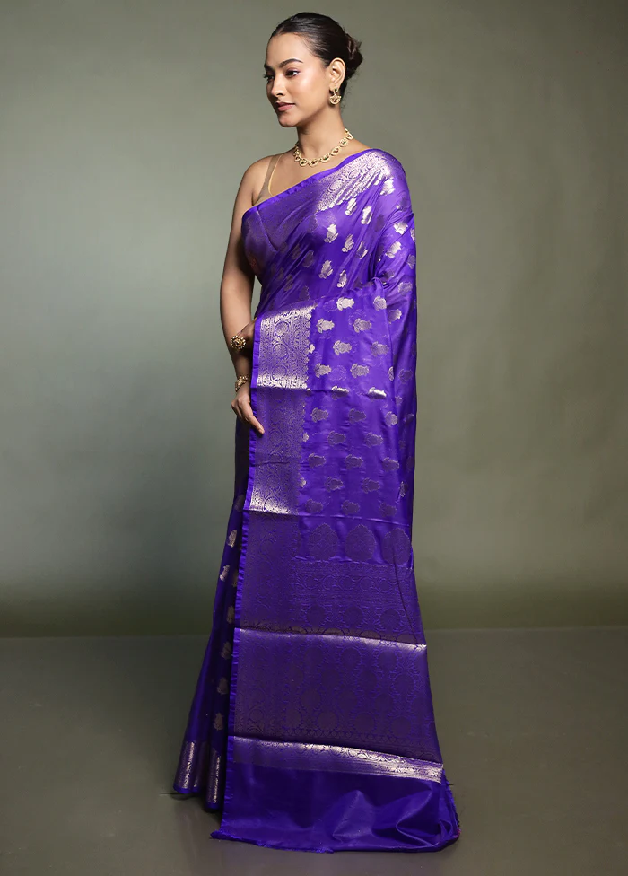 Blue Kora Silk Saree With Blouse Piece - Image 4