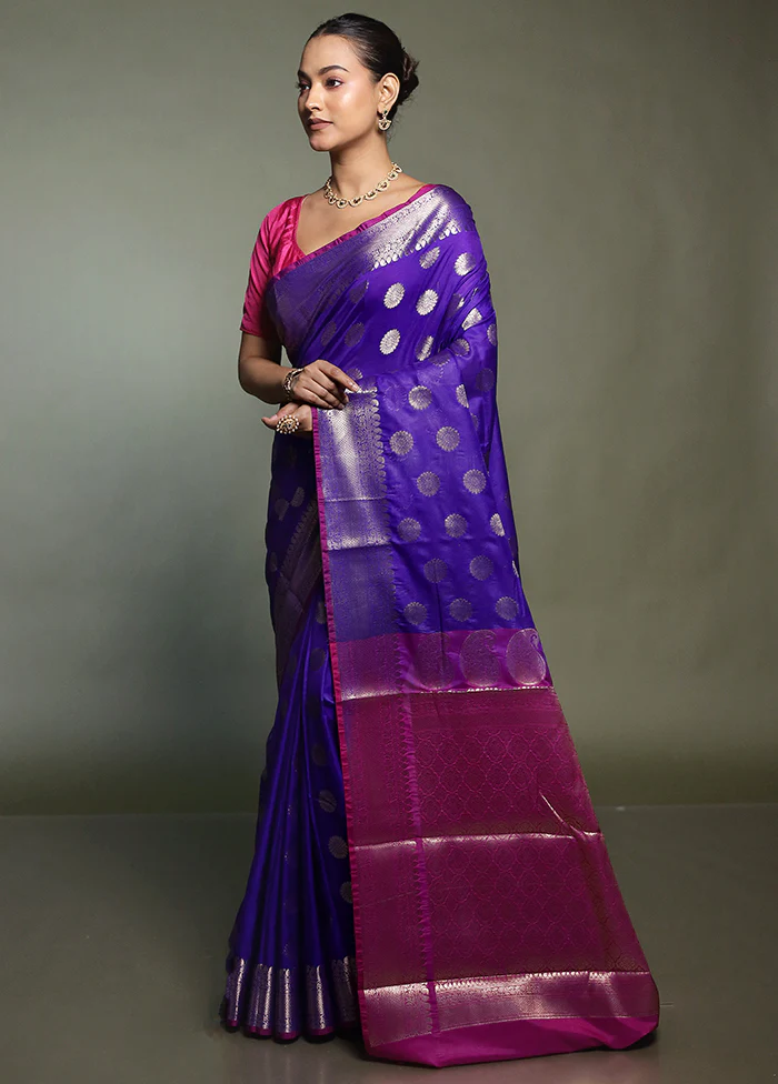 Blue Kora Silk Saree With Blouse Piece - Image 4