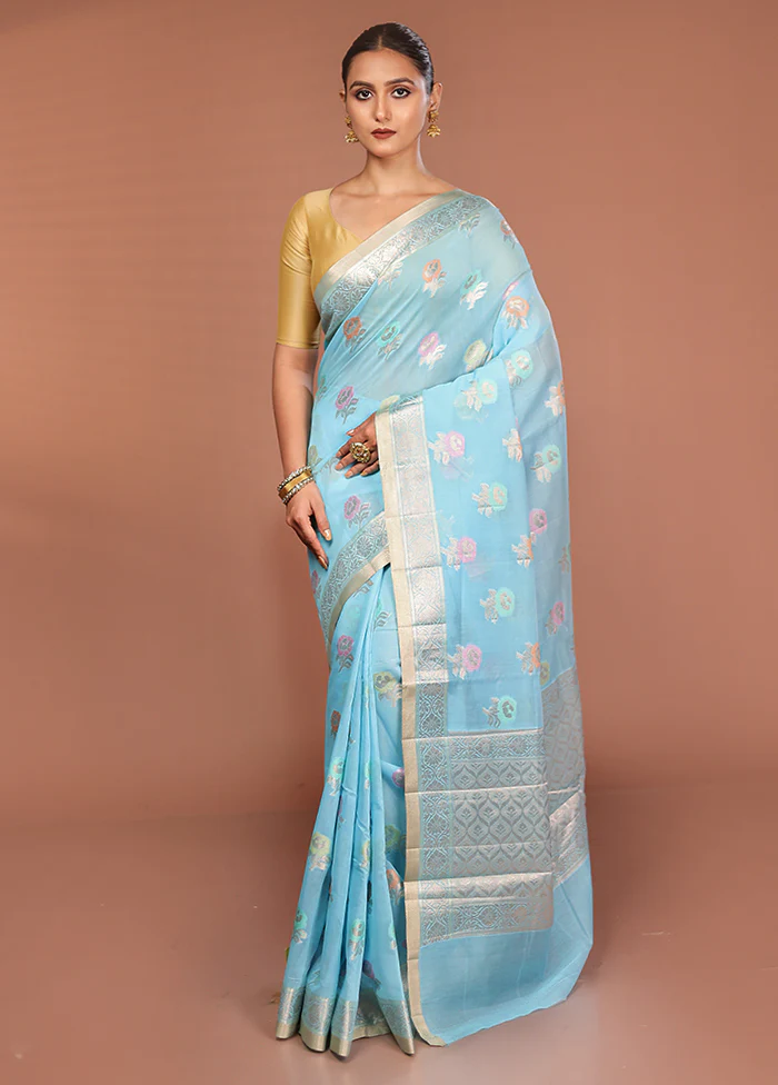 Blue Kora Silk Saree With Blouse Piece - Image 2