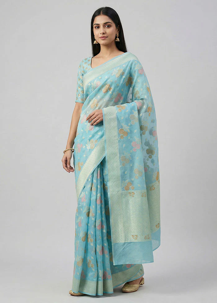 Blue Kora Silk Saree With Blouse Piece