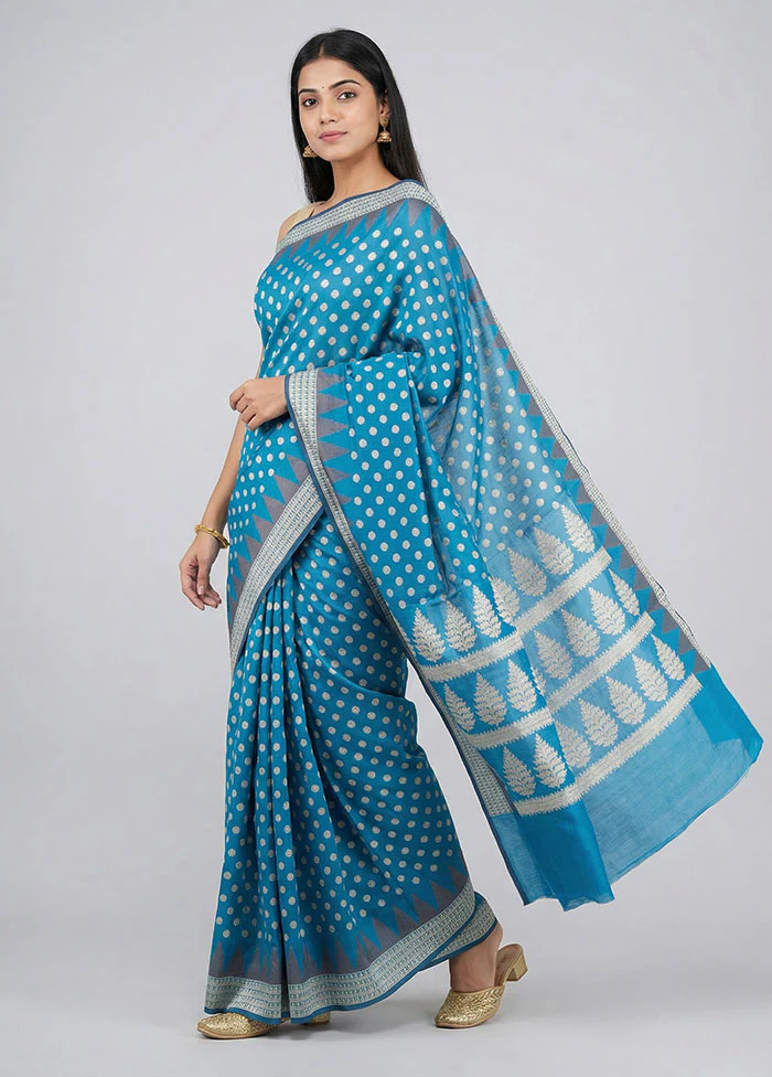 Blue Kora Silk Saree With Blouse Piece