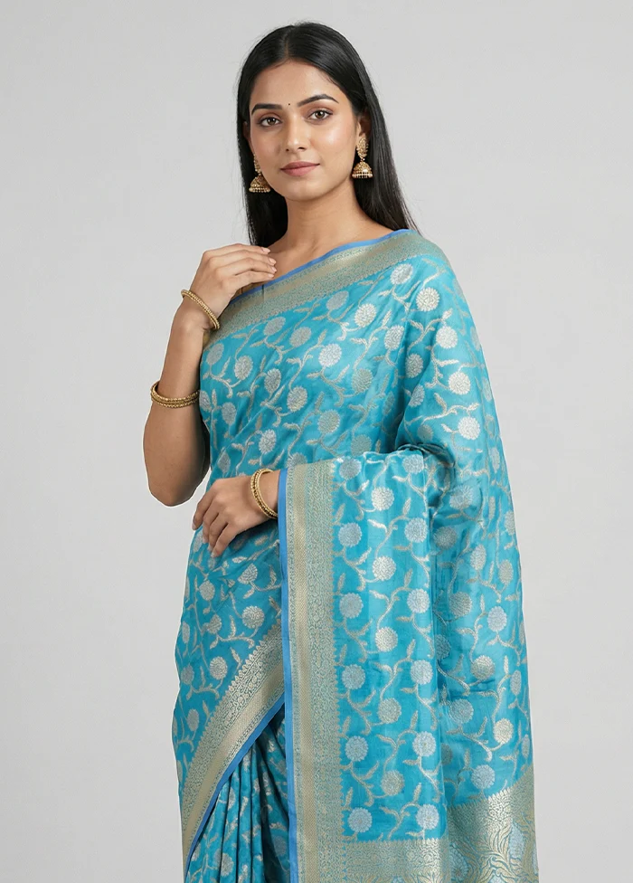 Blue Kora Silk Saree With Blouse Piece - Image 2