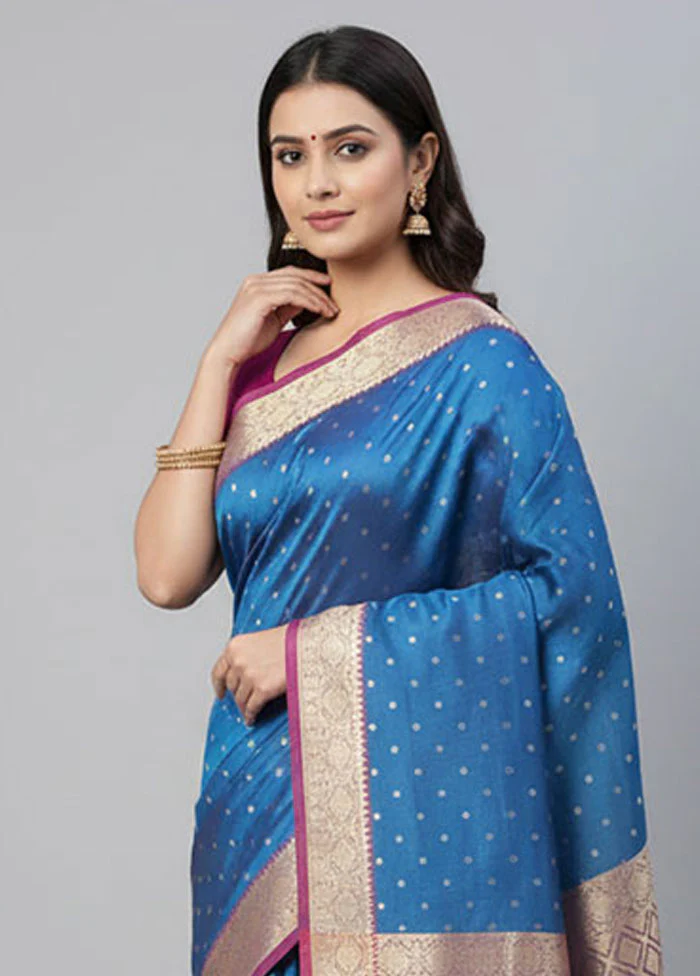 Blue Kora Silk Saree With Blouse Piece - Image 2