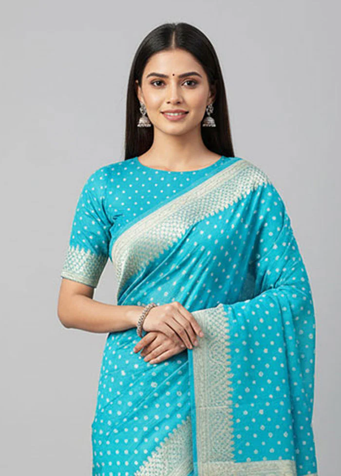 Blue Kora Silk Saree With Blouse Piece - Image 2