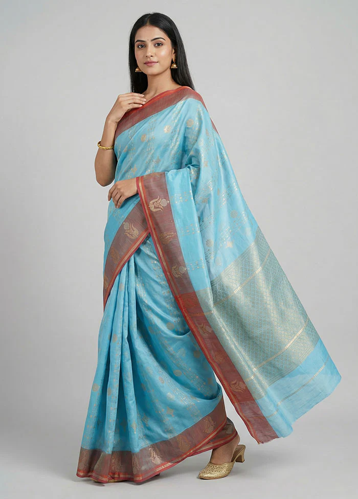 Blue Kora Silk Saree With Blouse Piece