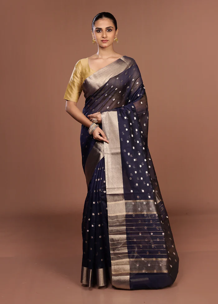 Blue Kora Silk Saree With Blouse Piece - Image 2