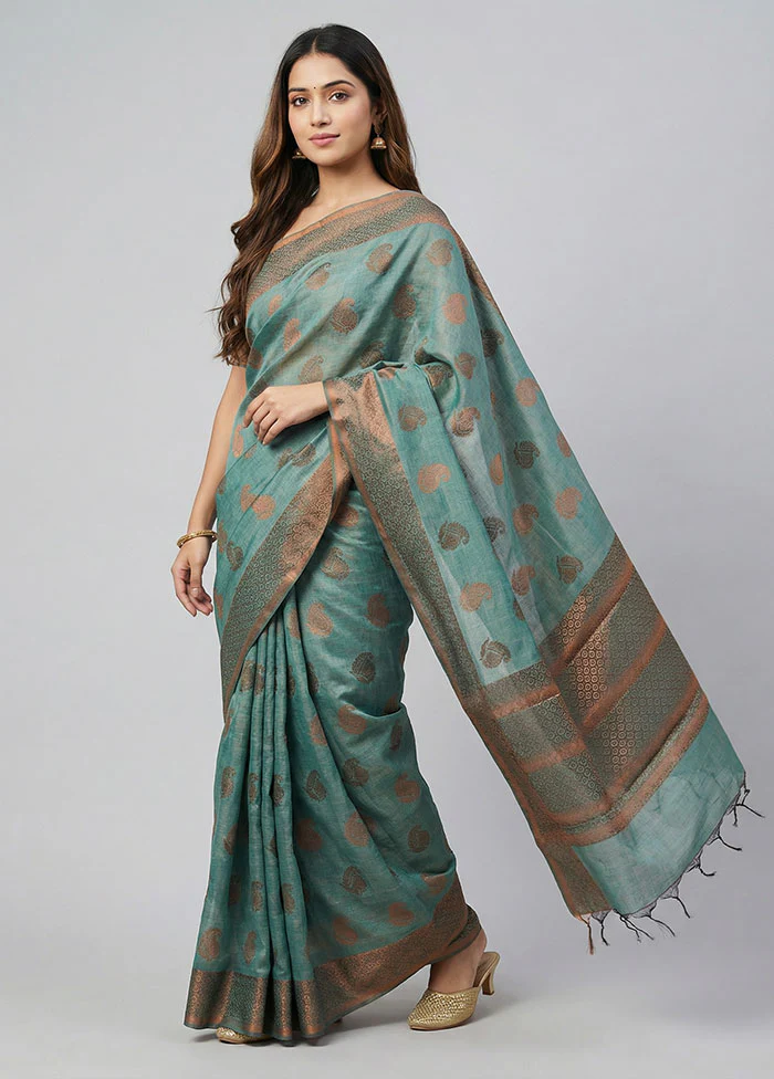 Blue Kora Silk Saree With Blouse Piece