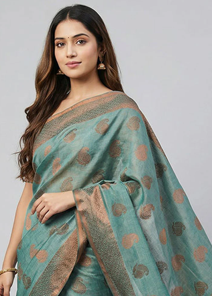 Blue Kora Silk Saree With Blouse Piece - Image 2