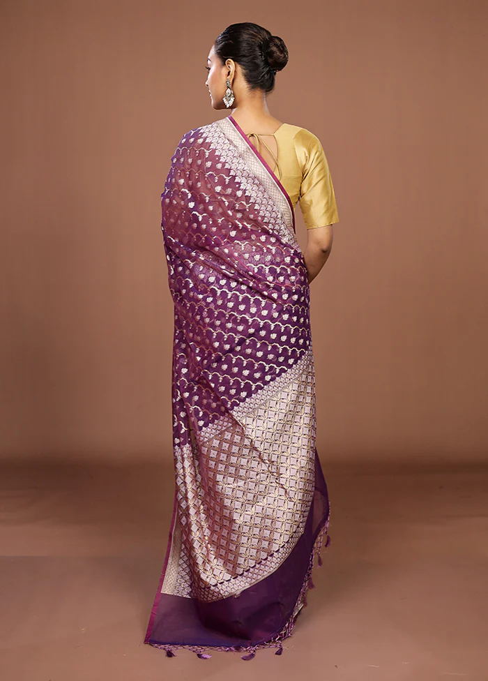 Purple Kora Silk Saree With Blouse Piece - Image 3