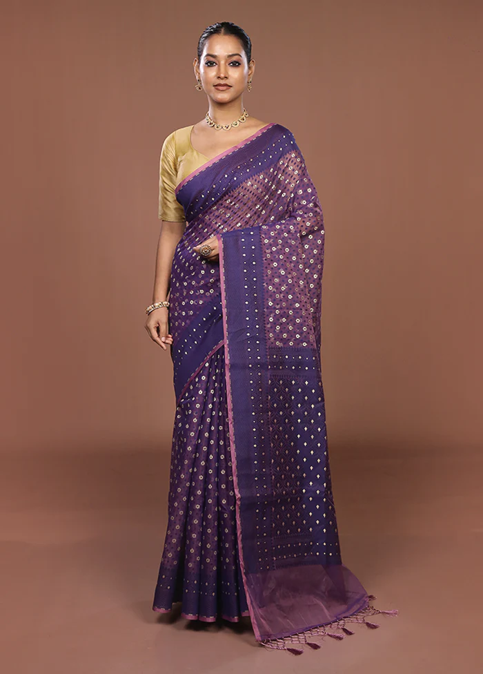 Blue Kora Silk Saree With Blouse Piece - Image 2
