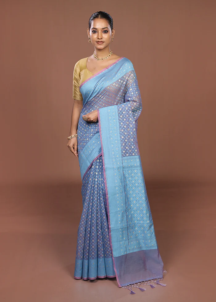 Blue Kora Silk Saree With Blouse Piece - Image 2