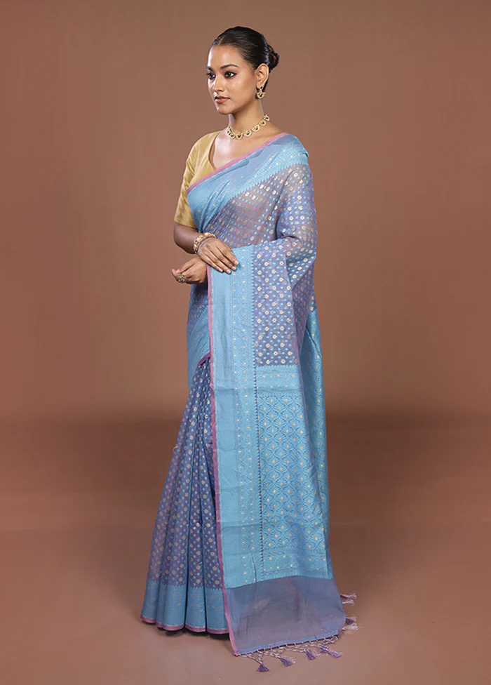 Blue Kora Silk Saree With Blouse Piece - Image 4