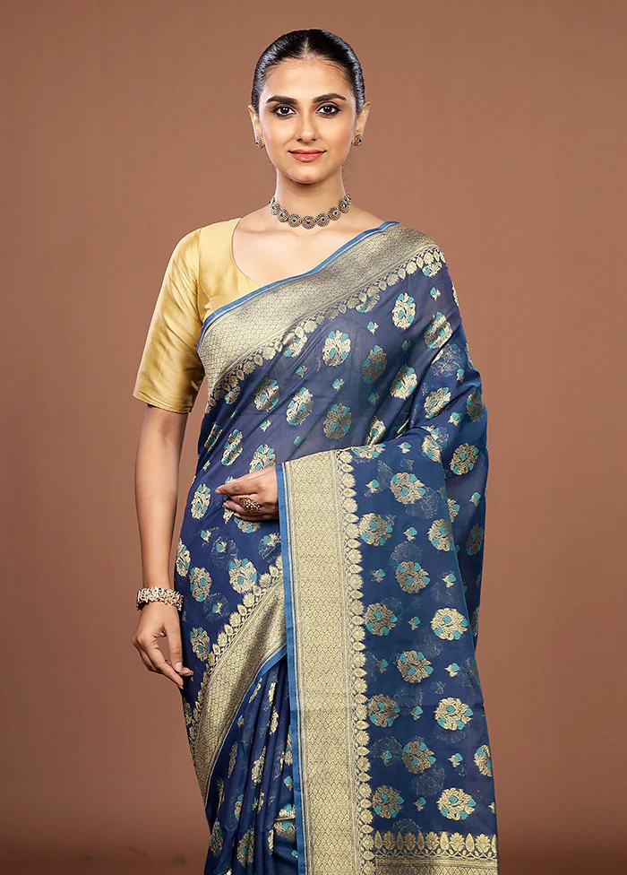 Blue Kora Silk Saree With Blouse Piece