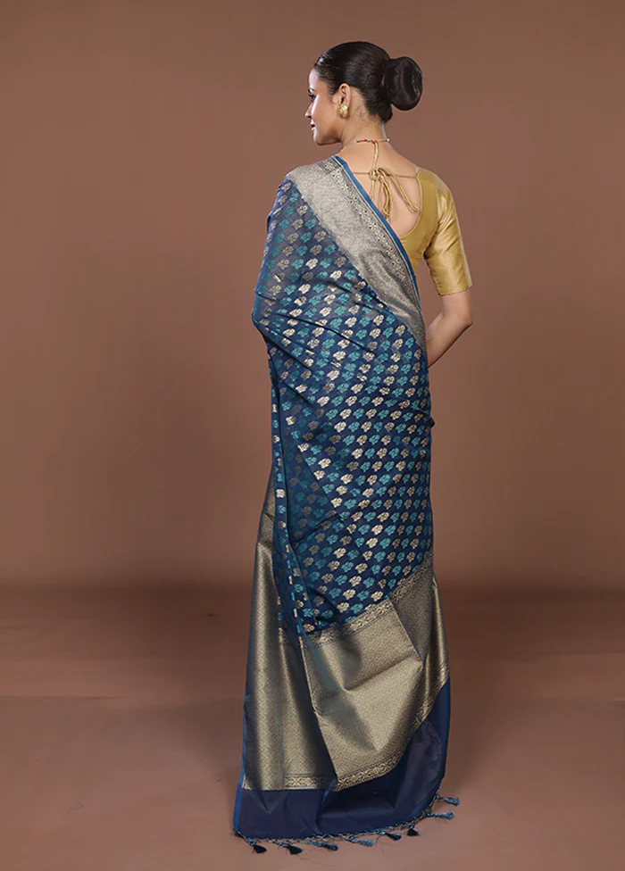 Blue Kora Silk Saree With Blouse Piece - Image 3
