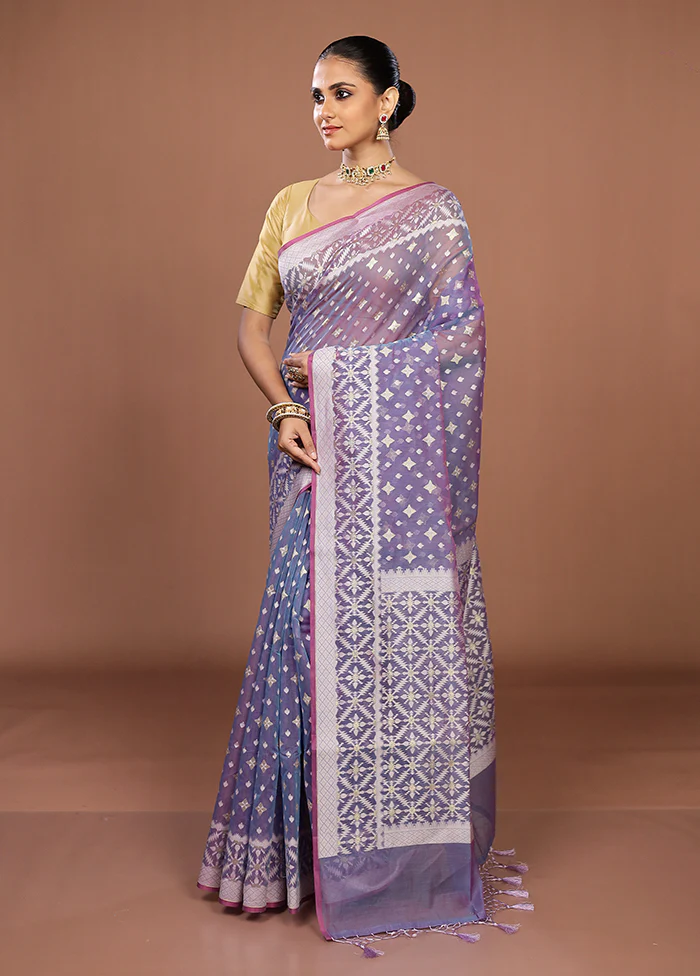 Blue Kora Silk Saree With Blouse Piece - Image 4