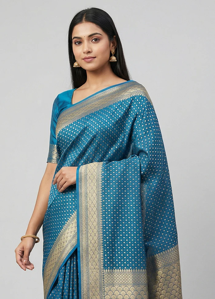 Blue Kora Silk Saree With Blouse Piece - Image 2