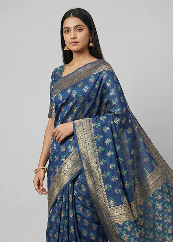 Blue Kora Silk Saree With Blouse Piece - Image 2
