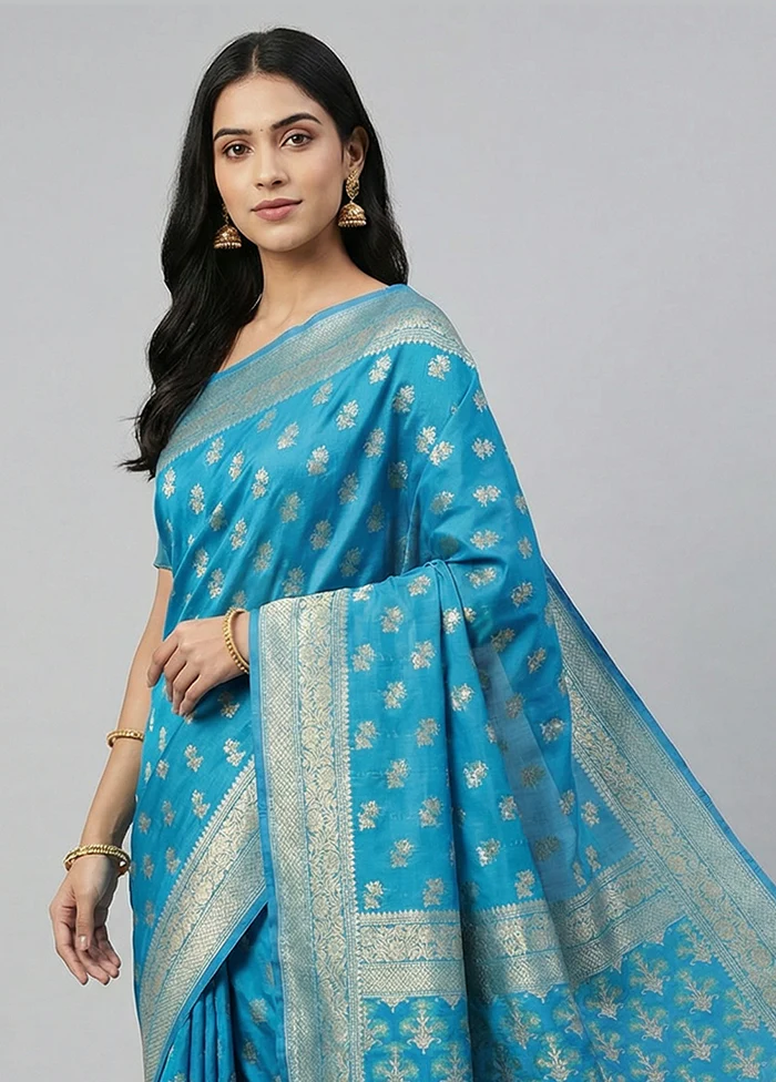 Blue Kora Silk Saree With Blouse Piece - Image 2