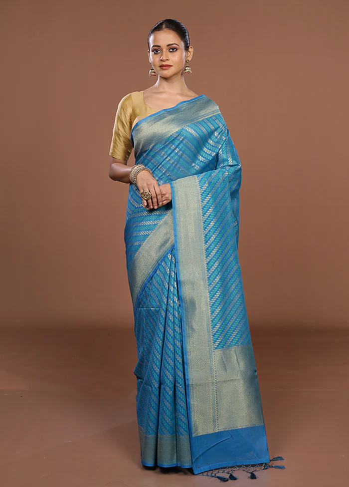 Blue Kora Silk Saree With Blouse Piece - Image 2