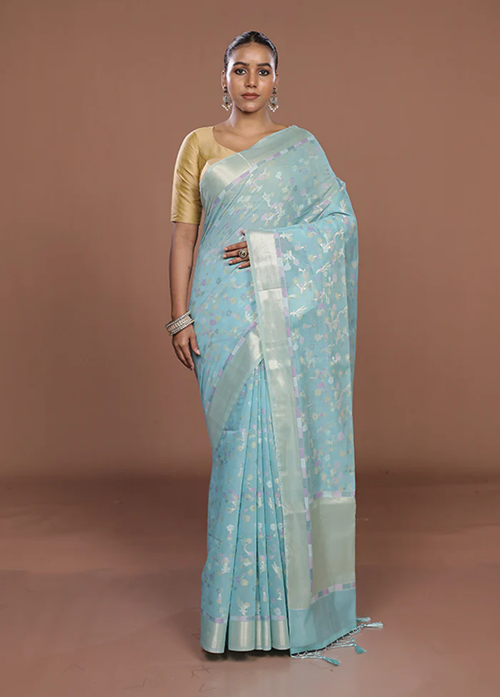 Blue Kora Silk Saree With Blouse Piece - Image 2