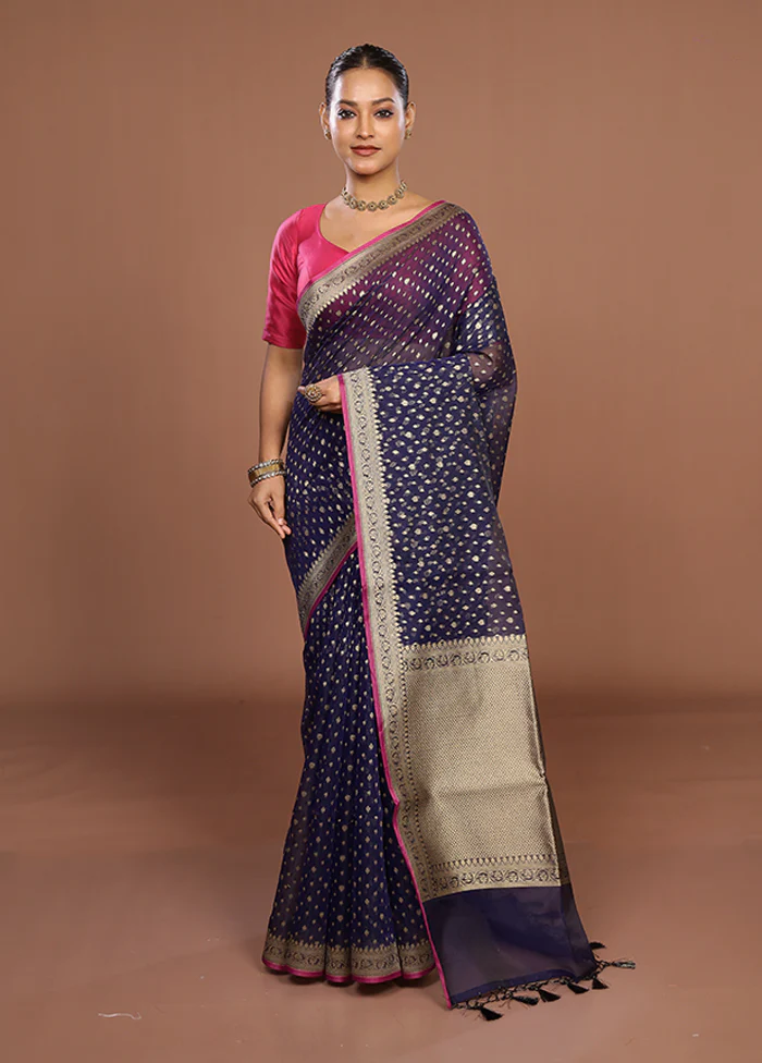 Blue Kora Silk Saree With Blouse Piece - Image 2
