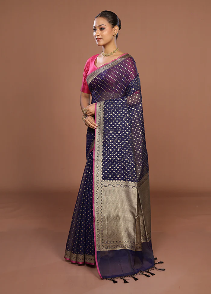 Blue Kora Silk Saree With Blouse Piece - Image 4