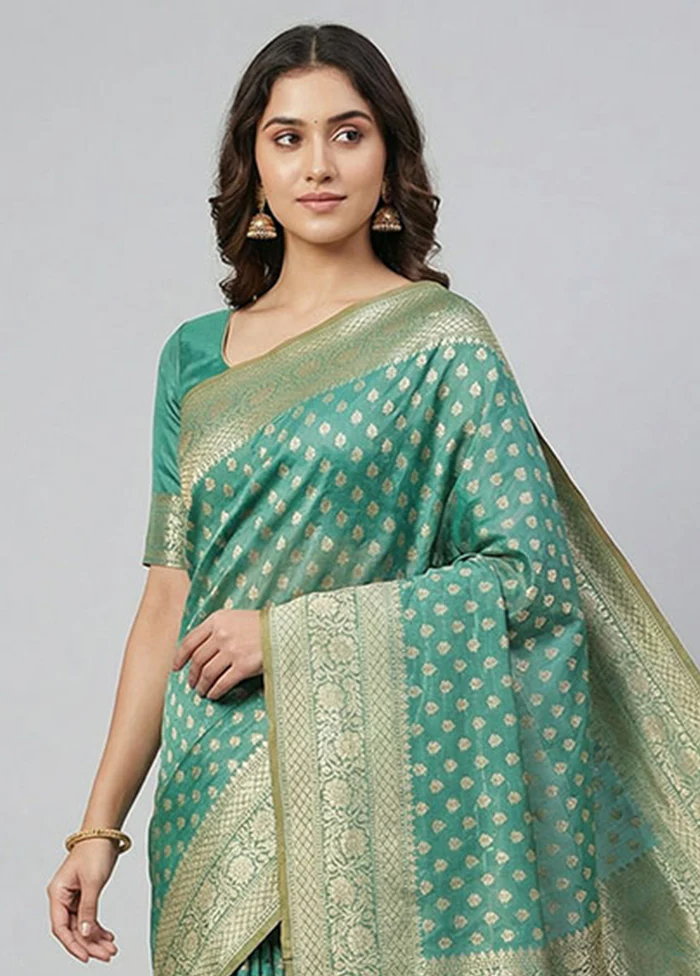 Blue Kora Silk Saree With Blouse Piece - Image 2