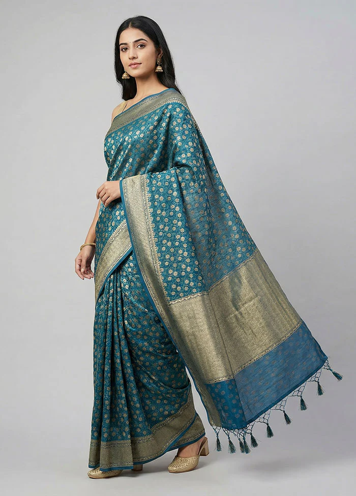 Blue Kora Silk Saree With Blouse Piece