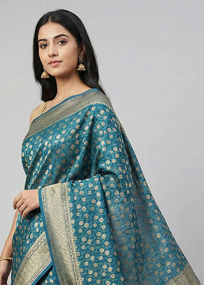 Blue Kora Silk Saree With Blouse Piece - Image 2
