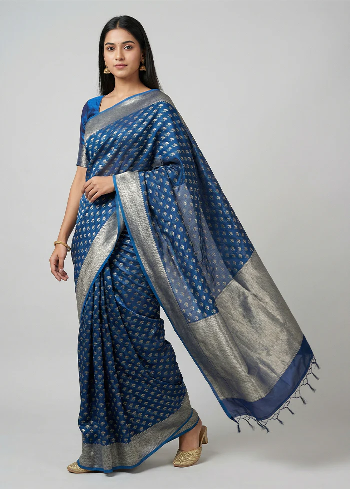 Blue Kora Silk Saree With Blouse Piece