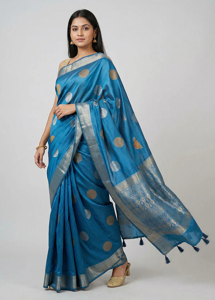 Blue Kora Silk Saree With Blouse Piece