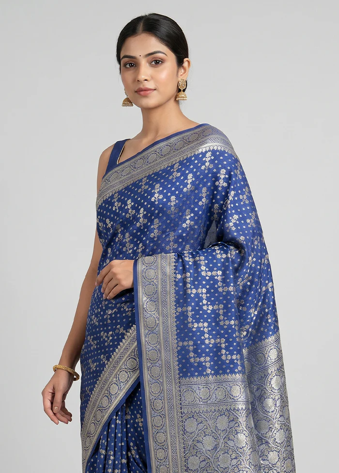Blue Kora Silk Saree With Blouse Piece - Image 2