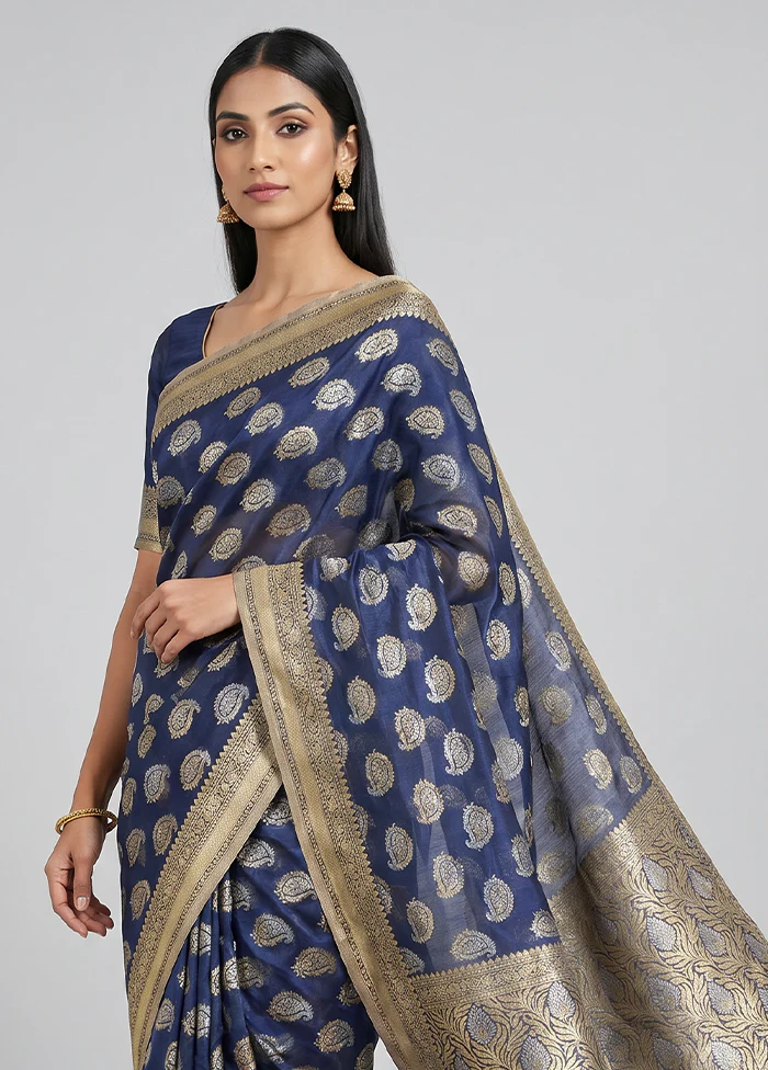 Blue Kora Silk Saree With Blouse Piece - Image 2
