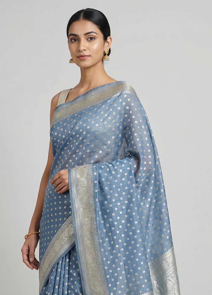 Blue Kora Silk Saree With Blouse Piece - Image 2