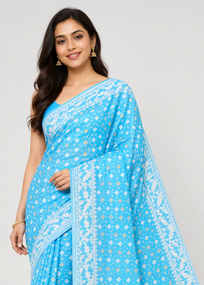 Blue Kora Silk Saree With Blouse Piece - Image 2