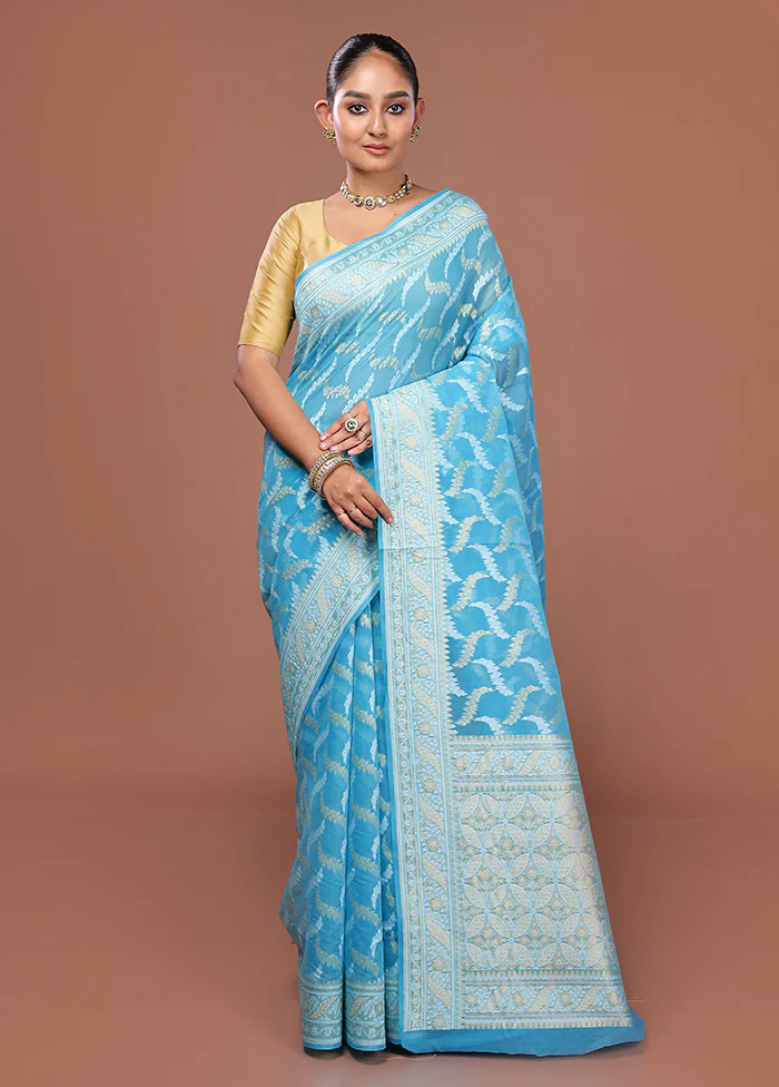 Blue Kora Silk Saree With Blouse Piece - Image 2