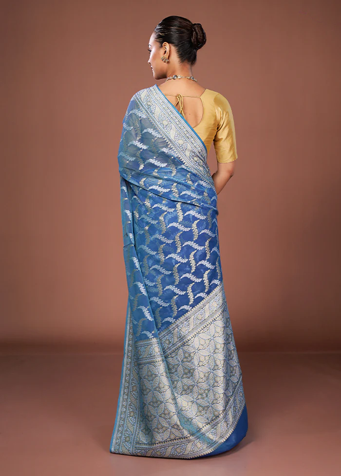 Blue Kora Silk Saree With Blouse Piece - Image 3