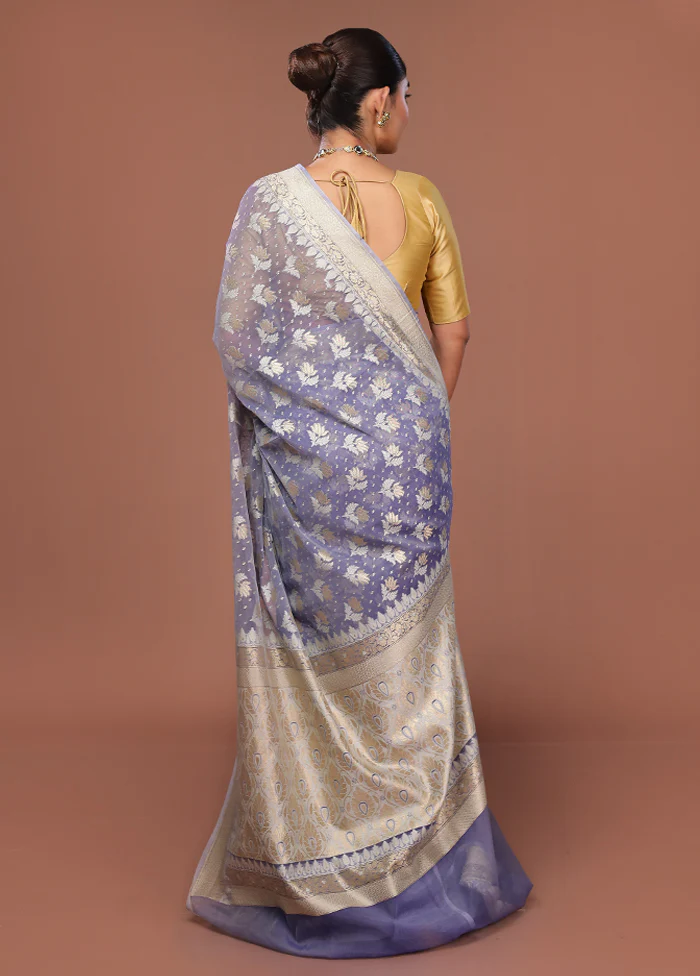 Blue Kora Silk Saree With Blouse Piece - Image 3