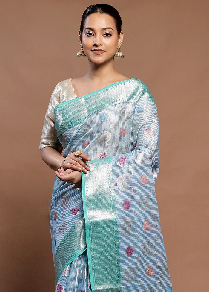 Blue Kota Cotton Saree With Blouse Piece - Image 2