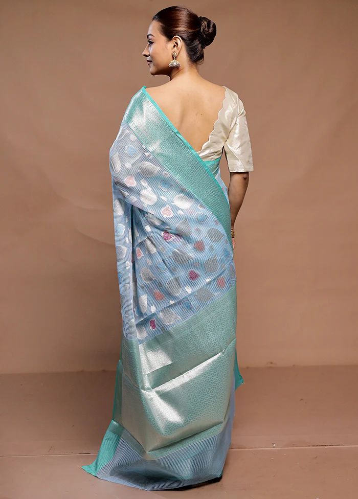 Blue Kota Cotton Saree With Blouse Piece - Image 3