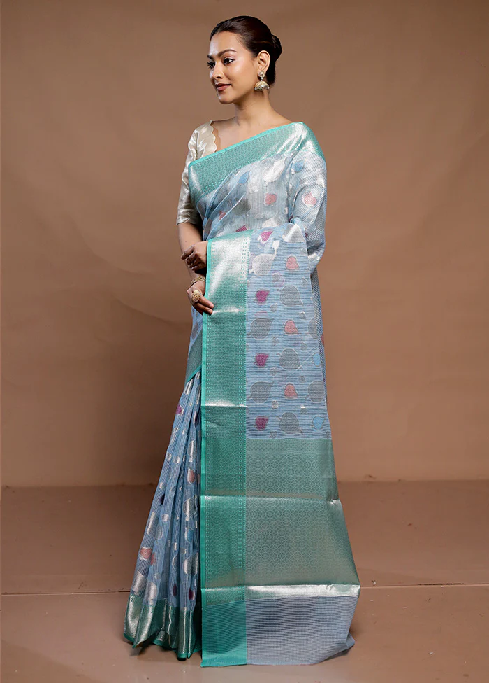 Blue Kota Cotton Saree With Blouse Piece - Image 4