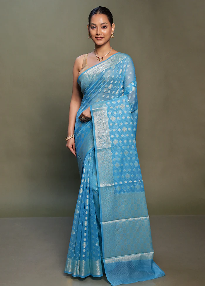 Blue Kota Cotton Saree With Blouse Piece - Image 2