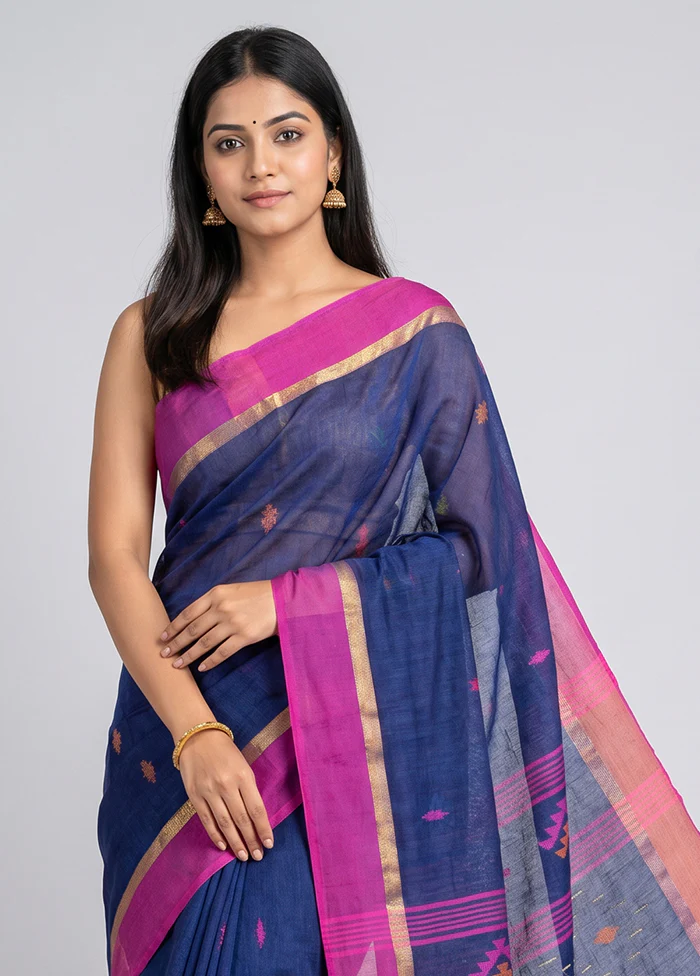 Blue Linen Silk Saree With Blouse Piece - Image 2