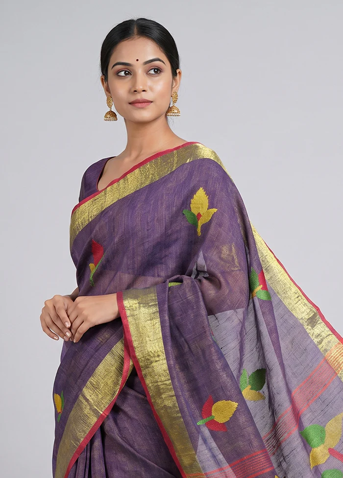 Blue Linen Silk Saree With Blouse Piece - Image 2