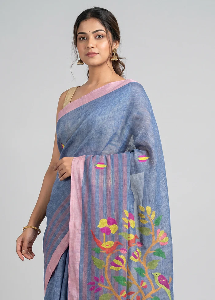 Blue Linen Silk Saree With Blouse Piece - Image 2