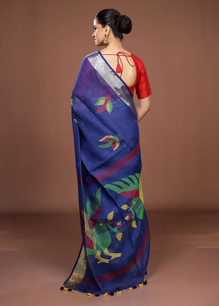 Blue Linen Silk Saree With Blouse Piece - Image 3